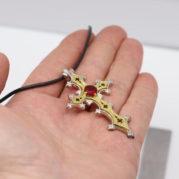 Vintage Gothic Cross Sterling Silver & Brass Artistic Red Cross Red Stone - Picture 3 of 12